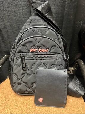 Betsey Johnso Black Quilted Crossbody Heart Accents and Card Holder